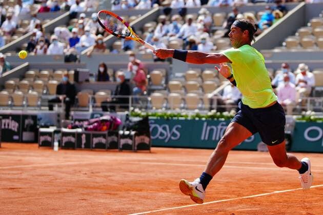 Mandatory Credit: Photo by Javier Garcia BPI Shutterstock (12046068hj) Rafael Nadal in quarter-final action French Open Tennis, Day Eleven, Roland Garros, Paris, France - 09 Jun 2021 French Open Tennis, Day Eleven, Roland Garros, Paris, France - 09 Jun 2021  Copyright: xJavierxGarcia BPI Shutterstockx 12046068hj