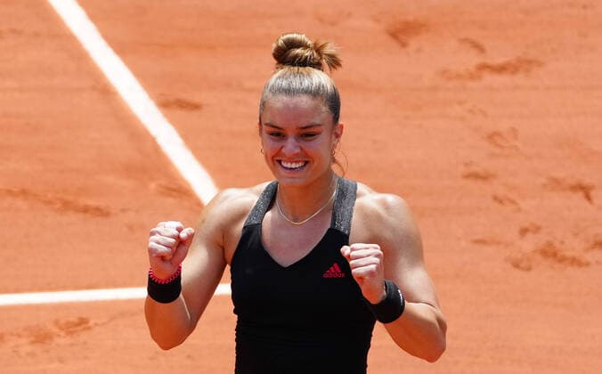 (210609) -- PARIS, June 9, 2021 -- Maria Sakkari of Greece celebrates her victory after the women s singles quarterfinal match between Maria Sakkari of Greece and Iga Swiatek of Poland at the French Open tennis tournament at Roland Garros in Paris, France, June 9, 2021. ) (SP)FRANCE-PARIS-TENNIS-ROLAND GARROS-FRENCH OPEN-WOMEN S SINGLES GaoxJing 
