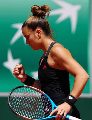 (210609) -- PARIS, June 9, 2021 -- Maria Sakkari of Greece reacts during the women s singles quarterfinal match between Maria Sakkari of Greece and Iga Swiatek of Poland at the French Open tennis tournament at Roland Garros in Paris, France, June 9, 2021. ) (SP)FRANCE-PARIS-TENNIS-ROLAND GARROS-FRENCH OPEN-WOMEN S SINGLES GaoxJing 