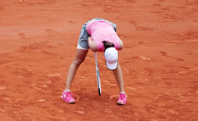 (210609) -- PARIS, June 9, 2021 -- Iga Swiatek of Poland reacts during the women s singles quarterfinal match between Maria Sakkari of Greece and Iga Swiatek of Poland at the French Open tennis tournament at Roland Garros in Paris, France, June 9, 2021. ) (SP)FRANCE-PARIS-TENNIS-ROLAND GARROS-FRENCH OPEN-WOMEN S SINGLES GaoxJing 