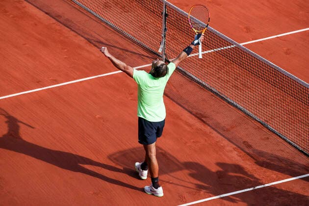 TENNIS - French Open 2021 PARIS,FRANCE,09.June.21 - TENNIS - ATP, Tennis Herren World Tour, French Open, Roland Garros, Grand Slam. Image shows the rejoicing of Rafael Nadal (ESP).  GEPAxpictures xPatrickxSteiner