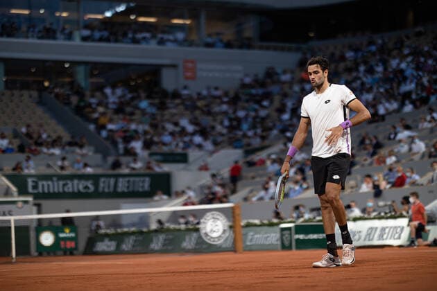 (210610) -- PARIS, June 10, 2021 -- Matteo Berrettini of Italy reacts during the men s singles quarterfinal against Novak Djokovic of Serbia at the French Open tennis tournament at Roland Garros in Paris, France, June 9, 2021. (Photo by Xinhua) (SP)FRANCE-PARIS-TENNIS-ROLAND GARROS-FRENCH OPEN-MEN S SINGLES-DAY 11 AurelienxMorissard 