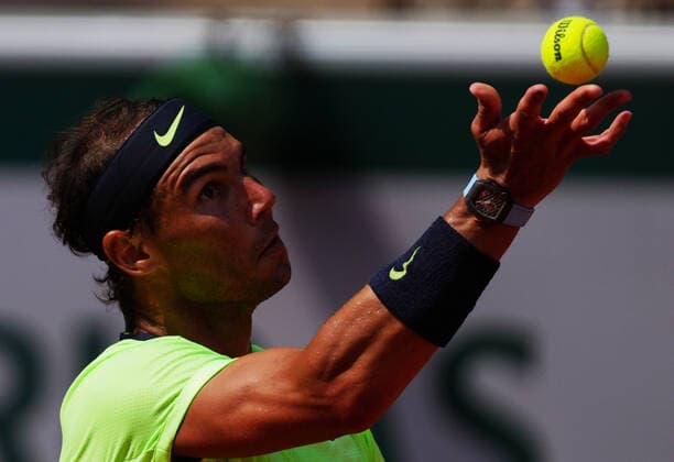 (210610) -- PARIS, June 10, 2021 -- Rafael Nadal of Spain serves during the men s singles quarterfinal against Diego Schwartzman of Argentina at the French Open tennis tournament at Roland Garros in Paris, France, June 9, 2021. ) (SP)FRANCE-PARIS-TENNIS-ROLAND GARROS-FRENCH OPEN-MEN S SINGLES-DAY 11 GaoxJing 