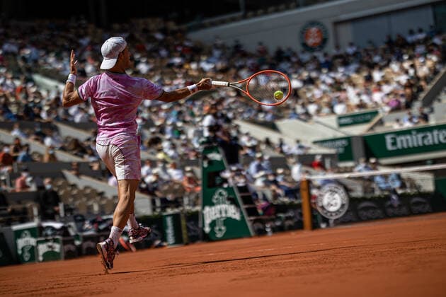 (210610) -- PARIS, June 10, 2021 -- Diego Schwartzman of Argentina hits a return during the men s singles quarterfinal against Rafael Nadal of Spain at the French Open tennis tournament at Roland Garros in Paris, France, June 9, 2021. (Photo by Aurelien Morissard Xinhua) (SP)FRANCE-PARIS-TENNIS-ROLAND GARROS-FRENCH OPEN-MEN S SINGLES-DAY 11 AoxLeilian¡¤molisaer 