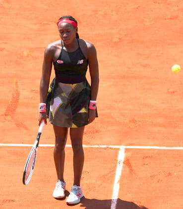 (210610) -- PARIS, June 10, 2021 -- Coco Gauff of the United States reacts during the women s singles quarterfinal against Barbora Krejcikova of the Czech Republic at the French Open tennis tournament at Roland Garros in Paris, France, June 9, 2021. ) (SP)FRANCE-PARIS-TENNIS-ROLAND GARROS-FRENCH OPEN-WOMEN S SINGLES-DAY 11 GaoxJing 