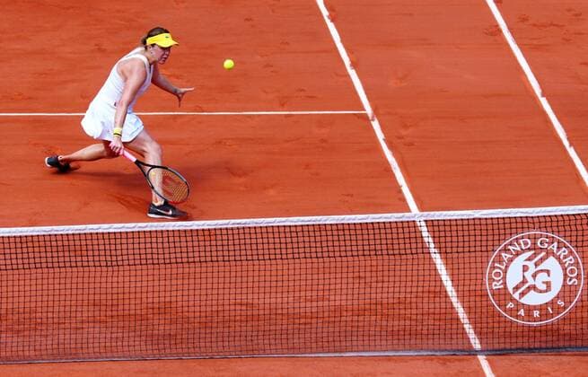 Mandatory Credit: Photo by Javier Garcia BPI Shutterstock (12058061co) Anastasia Pavlyuchenkova plays a drop-shot at the net during her semi final match French Open Tennis, Day Twelve, Roland Garros, Paris, France - 10 Jun 2021 French Open Tennis, Day Twelve, Roland Garros, Paris, France - 10 Jun 2021  Copyright: xJavierxGarcia BPI Shutterstockx 12058061co