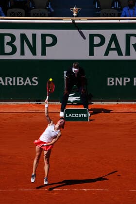 Mandatory Credit: Photo by Javier Garcia BPI Shutterstock (12058061cs) Tamara Zidansek serving in front of the Suzanne-Lenglen cup during her semi final match French Open Tennis, Day Twelve, Roland Garros, Paris, France - 10 Jun 2021 French Open Tennis, Day Twelve, Roland Garros, Paris, France - 10 Jun 2021  Copyright: xJavierxGarcia BPI Shutterstockx 12058061cs