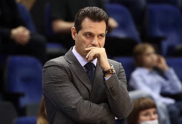 MOSCOW, RUSSIA - JUNE 10, 2021: CSKA Moscow s head coach Dimitrios Itoudis looks on during Game 3 of the 2021 2022 VTB United League final series between UNICS Kazan and CSKA Moscow at CSKA Arena. Valery Sharifulin TASS  TS104477