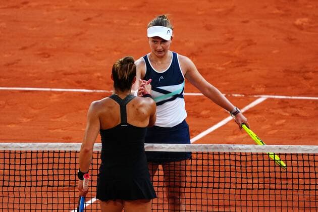 Mandatory Credit: Photo by Javier Garcia BPI Shutterstock (12058061ji) Barbora Krejcikova celebrates after winning her semi final match and is congrtulated by Maria Sakkari French Open Tennis, Day Twelve, Roland Garros, Paris, France - 10 Jun 2021 French Open Tennis, Day Twelve, Roland Garros, Paris, France - 10 Jun 2021  Copyright: xJavierxGarcia BPI Shutterstockx 12058061ji