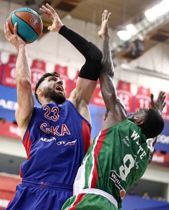 MOSCOW, RUSSIA - JUNE 10, 2021: CSKA Moscow s Tornike Shengelia (L) and UNICS Kazan s Okaro White in Game 3 of the 2021 2022 VTB United League final series between CSKA Moscow and UNICS Kazan at CSKA Arena. CSKA Moscow won the game 89-81 and secured the VTB United League title. Valery Sharifulin TASS  TS104499