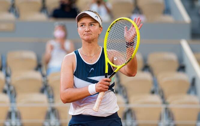 Mandatory Credit: Photo by Rob Prange Shutterstock (12058015bi) Barbora Krejcikova of the Czech Republic after winning her semi-final at the 2021 Roland Garros Grand Slam Tournament French Open Tennis, Day Twelve, Roland Garros, Paris, France - 10 Jun 2021 French Open Tennis, Day Twelve, Roland Garros, Paris, France - 10 Jun 2021  Copyright: xRobxPrange Shutterstockx 12058015bi