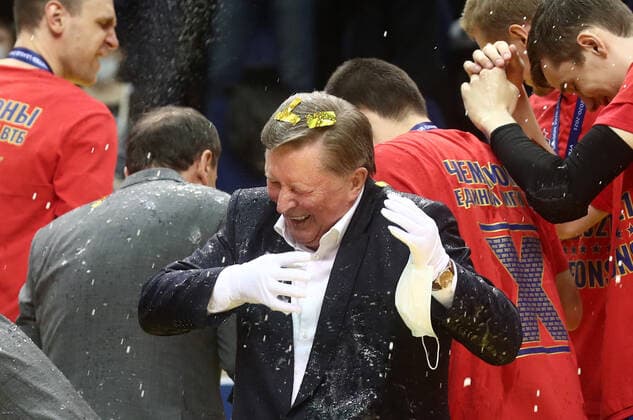 MOSCOW, RUSSIA - JUNE 10, 2021: Russia s Special Presidential Representative for Environmental Protection, Ecology and Transport Sergei Ivanov (C front) and CSKA Moscow players are sprayed with champagne as CSKA Moscow celebrate winning the VTB United League title after defeating UNICS Kazan 89-81 in Game 3 of the 2021 2022 VTB United League final series at CSKA Arena. Valery Sharifulin TASS  TS1044BC