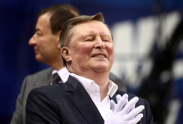 MOSCOW, RUSSIA - JUNE 10, 2021: Russia s Special Presidential Representative for Environmental Protection, Ecology and Transport Sergei Ivanov reacts after being sprayed with champagne as CSKA Moscow players and coaching staff celebrate winning the VTB United League title after defeating UNICS Kazan 89-81 in Game 3 of the 2021 2022 VTB United League final series at CSKA Arena. Valery Sharifulin TASS MOSCOW, RUSSIA - JUNE 10, 2021: President and General Director of PBC CSKA Moscow Andrei Vatutin (L midground), CSKA Moscow s head coach DImitrios Itoudis (C front), Russia s Special Presidential Representative for Environmental Protection, Ecology and Transport Sergei Ivanov (C midground) and CSKA Moscow players spray champagne as they celebrate winning the VTB United League title after defeating UNICS Kazan 89-81 in Game 3 of the 2021 2022 VTB United League final series at CSKA Arena. Valery Sharifulin TASS  TS1044F5