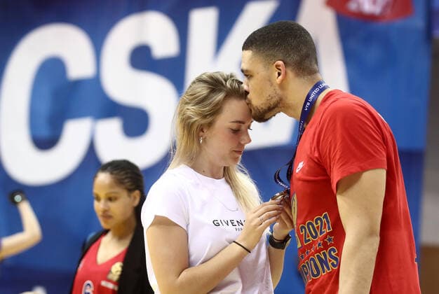 MOSCOW, RUSSIA - JUNE 10, 2021: CSKA Moscow player Gabriel Iffe Lundberg is pictured with his wife as CSKA Moscow celebrate winning the VTB United League title after defeating UNICS Kazan 89-81 in Game 3 of the 2021 2022 VTB United League final series at CSKA Arena. Valery Sharifulin TASS  TS104501