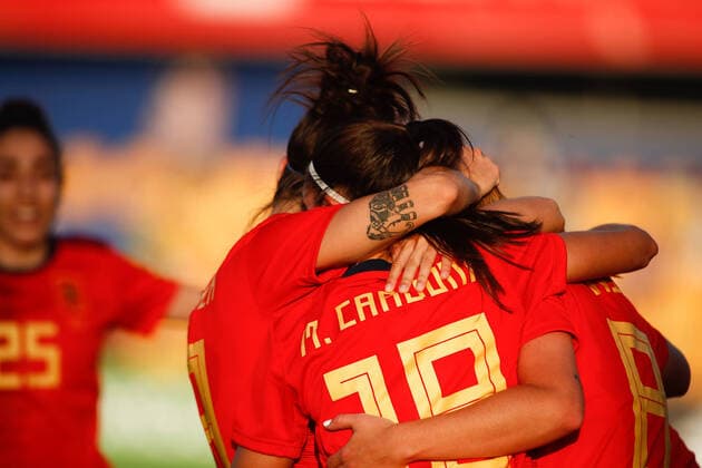 June 10, 2021, ALCOECON, MADRID, SPAIN: Mariona Caldentey of Spain celebrates a goal with teammates during the international women football, friendly match, played between Spain and Belgium at Santo Domingo stadium on June 10, 2021 in Alcorcon, Madrid, Spain. ALCOECON SPAIN - ZUMAa181 20210610_zaa_a181_122 Copyright: xOscarxJ.xBarrosox