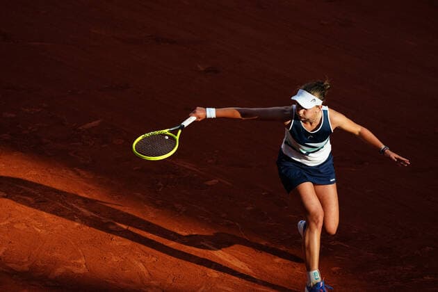 (210611) -- PARIS, June 11, 2021 -- Barbora Krejcikova of the Czech Republic hits a return during the women s singles semifinal match between Barbora Krejcikova of the Czech Republic and Maria Sakkari of Greece at the French Open tennis tournament at Roland Garros in Paris, France, June 10, 2021. ) (SP)FRANCE-PARIS-TENNIS-ROLAND GARROS-FRENCH OPEN-WOMEN S SINGLES-SEMIFINALS GaoxJing 
