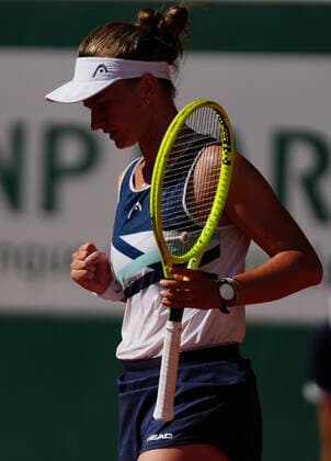 (210611) -- PARIS, June 11, 2021 -- Barbora Krejcikova of the Czech Republic celebrates during the women s singles semifinal match between Barbora Krejcikova of the Czech Republic and Maria Sakkari of Greece at the French Open tennis tournament at Roland Garros in Paris, France, June 10, 2021. ) (SP)FRANCE-PARIS-TENNIS-ROLAND GARROS-FRENCH OPEN-WOMEN S SINGLES-SEMIFINALS GaoxJing 