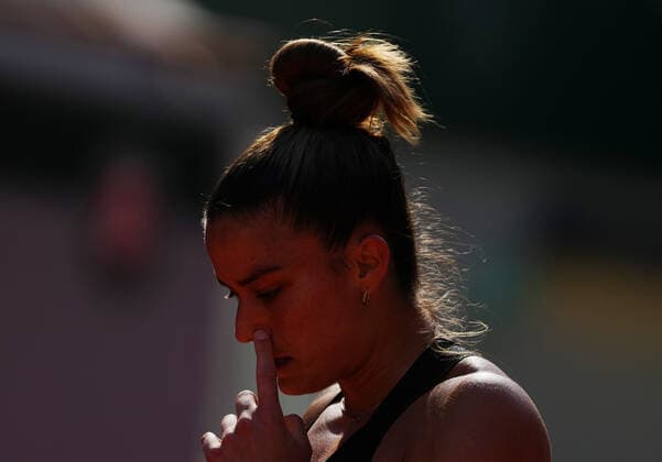 (210611) -- PARIS, June 11, 2021 -- Maria Sakkari of Greece reacts during the women s singles semifinal match between Barbora Krejcikova of the Czech Republic and Maria Sakkari of Greece at the French Open tennis tournament at Roland Garros in Paris, France, June 10, 2021. ) (SP)FRANCE-PARIS-TENNIS-ROLAND GARROS-FRENCH OPEN-WOMEN S SINGLES-SEMIFINALS GaoxJing 