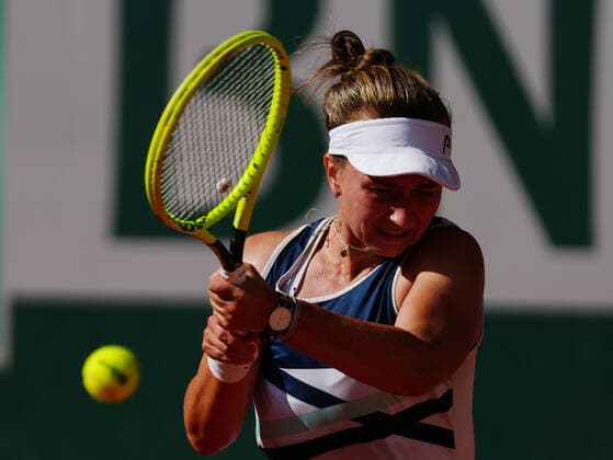 (210611) -- PARIS, June 11, 2021 -- Barbora Krejcikova of the Czech Republic hits a return during the women s singles semifinal match between Barbora Krejcikova of the Czech Republic and Maria Sakkari of Greece at the French Open tennis tournament at Roland Garros in Paris, France, June 10, 2021. ) (SP)FRANCE-PARIS-TENNIS-ROLAND GARROS-FRENCH OPEN-WOMEN S SINGLES-SEMIFINALS GaoxJing 