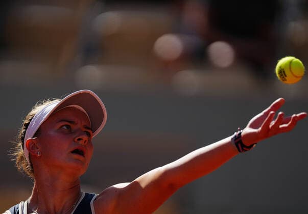 (210611) -- PARIS, June 11, 2021 -- Barbora Krejcikova of the Czech Republic serves during the women s singles semifinal match between Barbora Krejcikova of the Czech Republic and Maria Sakkari of Greece at the French Open tennis tournament at Roland Garros in Paris, France, June 10, 2021. ) (SP)FRANCE-PARIS-TENNIS-ROLAND GARROS-FRENCH OPEN-WOMEN S SINGLES-SEMIFINALS GaoxJing 