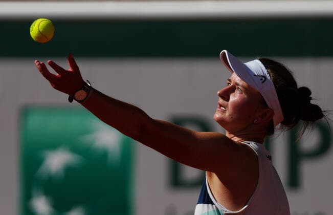 (210611) -- PARIS, June 11, 2021 -- Barbora Krejcikova of the Czech Republic serves during the women s singles semifinal match between Barbora Krejcikova of the Czech Republic and Maria Sakkari of Greece at the French Open tennis tournament at Roland Garros in Paris, France, June 10, 2021. ) (SP)FRANCE-PARIS-TENNIS-ROLAND GARROS-FRENCH OPEN-WOMEN S SINGLES-SEMIFINALS GaoxJing 