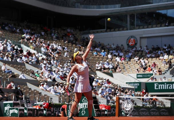 (210611) -- PARIS, June 11, 2021 -- Anastasia Pavlyuchenkova of Russia serves during the women s singles semifinal match between Anastasia Pavlyuchenkova of Russia and Tamara Zidansek of Slovenia at the French Open tennis tournament at Roland Garros in Paris, France, June 10, 2021. ) (SP)FRANCE-PARIS-TENNIS-ROLAND GARROS-FRENCH OPEN-WOMEN S SINGLES-SEMIFINALS GaoxJing 