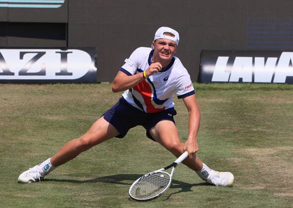 1 06 2021, ATP Tour Mercedes Cup Stuttgart, Weissenhofff, tennis, sports, in picture Dominic Stephan Stricker SUI slips and injures himself in the process