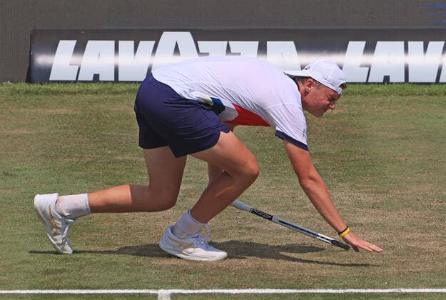 1 06 2021, ATP Tour Mercedes Cup Stuttgart, Weissenhofff, tennis, sports, in picture Dominic Stephan Stricker SUI slips and injures himself in the process