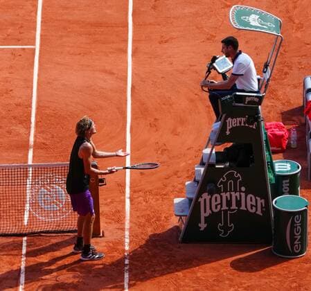 Mandatory Credit: Photo by Javier Garcia BPI Shutterstock (12058128ch) Alexander Zverev complains at length to the umpire after a call that went against him during his semi final match French Open Tennis, Day Thirteen, Roland Garros, Paris, France - 11 Jun 2021 French Open Tennis, Day Thirteen, Roland Garros, Paris, France - 11 Jun 2021  Copyright: xJavierxGarcia BPI Shutterstockx 12058128ch