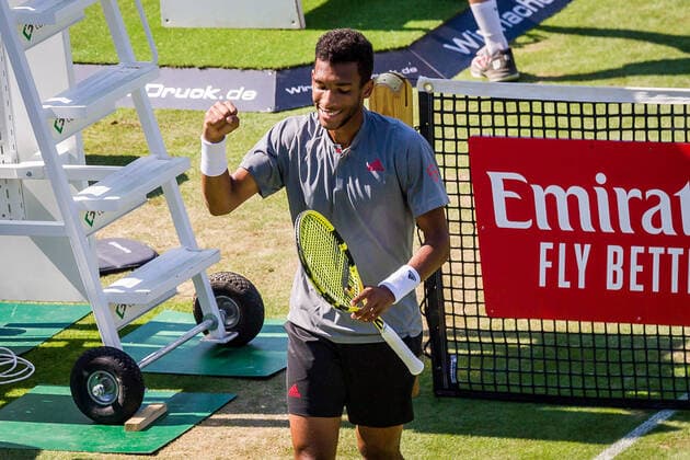 Felix Auger Aliassime FRA Winner fist during the match Ugo Humbert FRA vs Felix Auger Aliassime FRA ATP 250 ATP TOUR ATP Lawn Tournament MercedesCup 2021 on 11 06 2021 in Stuttgart TC Weissenhof , Baden Wuerttemberg, Germany Stuttgart 11 06 21 Tennis , 11 06 2021, Stuttgart Germany xpxsdx