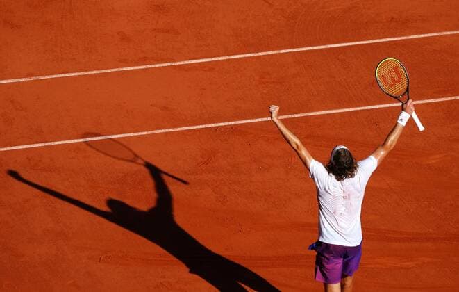 Mandatory Credit: Photo by Javier Garcia BPI Shutterstock (12058128dx) Stefanos Tsitsipas celebrates victory in his semi final match French Open Tennis, Day Thirteen, Roland Garros, Paris, France - 11 Jun 2021 French Open Tennis, Day Thirteen, Roland Garros, Paris, France - 11 Jun 2021  Copyright: xJavierxGarcia BPI Shutterstockx 12058128dx