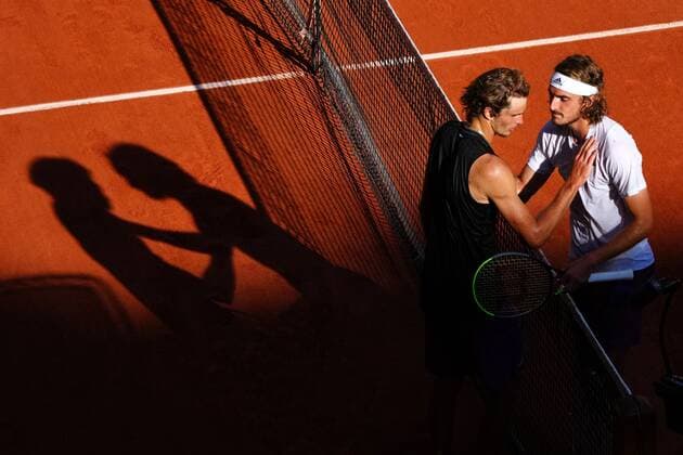 Mandatory Credit: Photo by Javier Garcia BPI Shutterstock (12058128eb) Stefanos Tsitsipas is congratulated by Alexander Zverev in their semi final match French Open Tennis, Day Thirteen, Roland Garros, Paris, France - 11 Jun 2021 French Open Tennis, Day Thirteen, Roland Garros, Paris, France - 11 Jun 2021  Copyright: xJavierxGarcia BPI Shutterstockx 12058128eb
