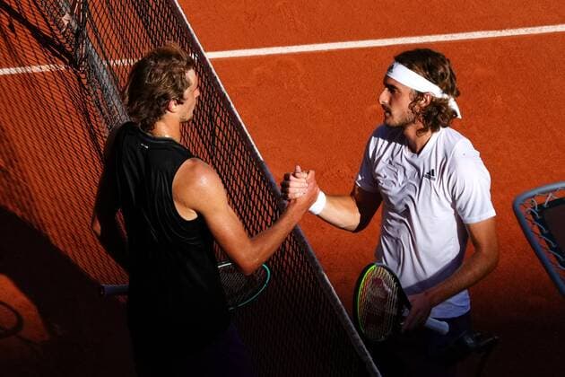Mandatory Credit: Photo by Javier Garcia BPI Shutterstock (12058128dz) Stefanos Tsitsipas is congratulated by Alexander Zverev in their semi final match French Open Tennis, Day Thirteen, Roland Garros, Paris, France - 11 Jun 2021 French Open Tennis, Day Thirteen, Roland Garros, Paris, France - 11 Jun 2021  Copyright: xJavierxGarcia BPI Shutterstockx 12058128dz