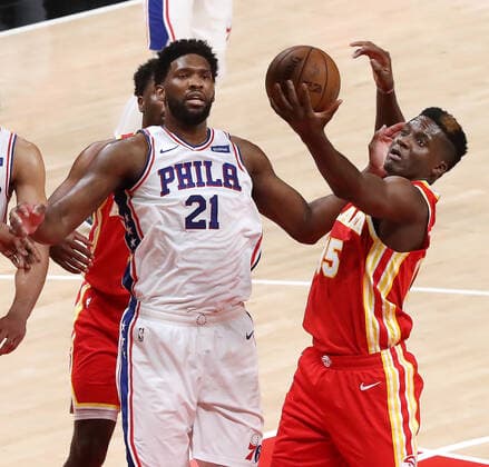 June 11, 2021, Atlanta, GA, USA: The Atlanta Hawks Clint Capela, right, grabs a defensive rebound away from the Philadelphia 76ers Joel Embiid (21) in Game 3 of their Eastern Conference semifinal at State Farm Arena on Friday, June 11, 2021, in Atlanta. The Sixers won, 127-111, for a 2-1 series lead. Atlanta USA - ZUMAm67_ 0121187662st Copyright: xCurtisxComptonx