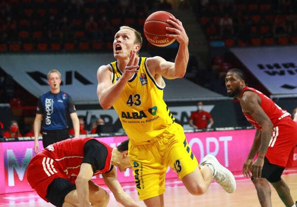 11 Vladimir Lucic and 8 Jalen Reynolds FCBB vs 43 Luke Sikma Alba Berlin Basketball, Easycredit BBL, FC Bayern Basketball Alba Berlin at Audi Dome on 12 06 2021, Playoff, Game 3, PHOTO Mladen Lackovic LakoPress.