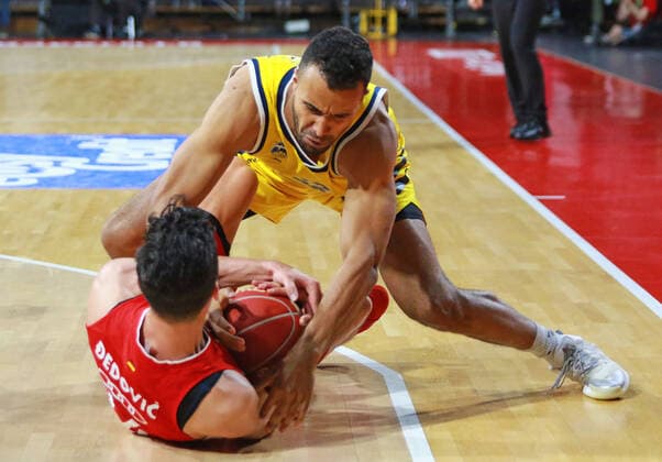 14 Nihad Djedovic FCBB red against 32 Johannes Thiemann Alba Berlin Basketball, Easycredit BBL, FC Bayern Basketball Alba Berlin at Audi Dome on 12 06 2021, Playoff, Game 3, PHOTO Mladen Lackovic LakoPress