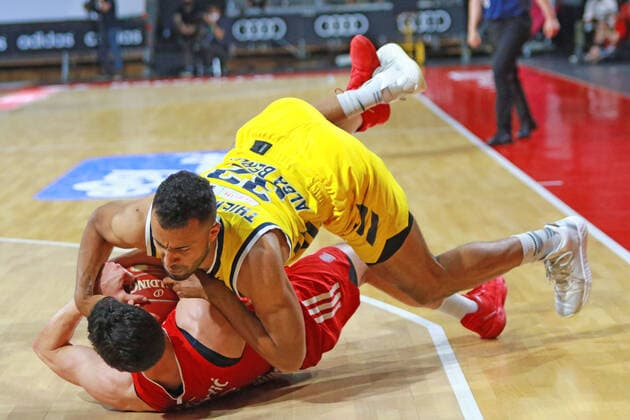 14 Nihad Djedovic FCBB red against 32 Johannes Thiemann Alba Berlin Basketball, Easycredit BBL, FC Bayern Basketball Alba Berlin at Audi Dome on 12 06 2021, Playoff, Game 3, PHOTO Mladen Lackovic LakoPress