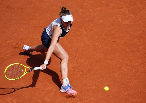 (210612) -- PARIS, June 12, 2021 -- Anastasia Pavlyuchenkova hits a return during the women s singles final between Anastasia Pavlyuchenkova of Russia and Barbora Krejcikova of the Czech Republic at the French Open tennis tournament at Roland Garros in Paris, France, June 12, 2021. ) (SP)FRANCE-PARIS-TENNIS-ROLAND GARROS-FRENCH OPEN-WOMEN S SINGLES-FINALS GaoxJing 
