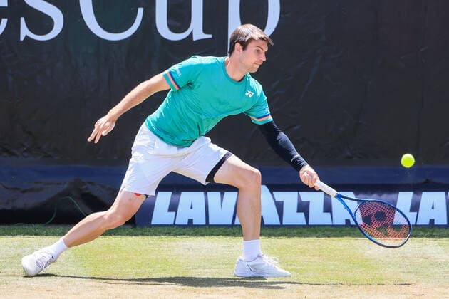 (210612) -- STUTTGART, June 12, 2021 -- Jurij Rodionov hits a return during the men s singles semifinal of Mercedes Cup between Marin Cilic of Croatia and Jurij Rodionov of Austria in Stuttgart, Germany, June 12, 2021. (Photo by Xinhua) (SP)GERMANY-STUTTGART-TENNIS-MERCEDES CUP-MEN S SINGLES-SEMIFINALS PhilippexRuiz 