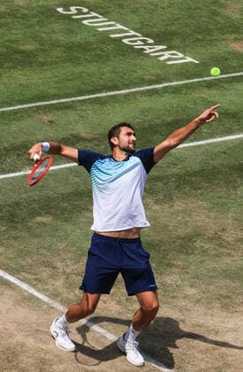 (210612) -- STUTTGART, June 12, 2021 -- Marin Cilic serves during the men s singles semifinal of Mercedes Cup between Marin Cilic of Croatia and Jurij Rodionov of Austria in Stuttgart, Germany, June 12, 2021. (Photo by Xinhua) (SP)GERMANY-STUTTGART-TENNIS-MERCEDES CUP-MEN S SINGLES-SEMIFINALS PhilippexRuiz 