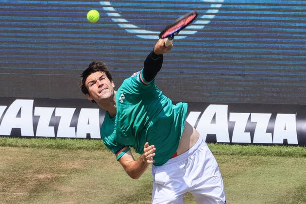 (210612) -- STUTTGART, June 12, 2021 -- Jurij Rodionov serves during the men s singles semifinal of Mercedes Cup between Marin Cilic of Croatia and Jurij Rodionov of Austria in Stuttgart, Germany, June 12, 2021. (Photo by Xinhua) (SP)GERMANY-STUTTGART-TENNIS-MERCEDES CUP-MEN S SINGLES-SEMIFINALS PhilippexRuiz 
