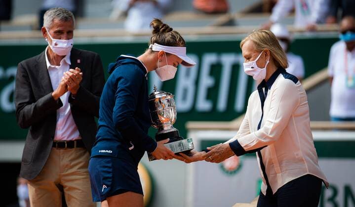 Mandatory Credit: Photo by Rob Prange Shutterstock (12058203am) Barbora Krejcikova of the Czech Republic during the trophy ceremony after winning the final of the 2021 Roland Garros Grand Slam Tournament French Open Tennis, Day Fifteen, Roland Garros, Paris, France - 12 Jun 2021 French Open Tennis, Day Fifteen, Roland Garros, Paris, France - 12 Jun 2021  Copyright: xRobxPrange Shutterstockx 12058203am