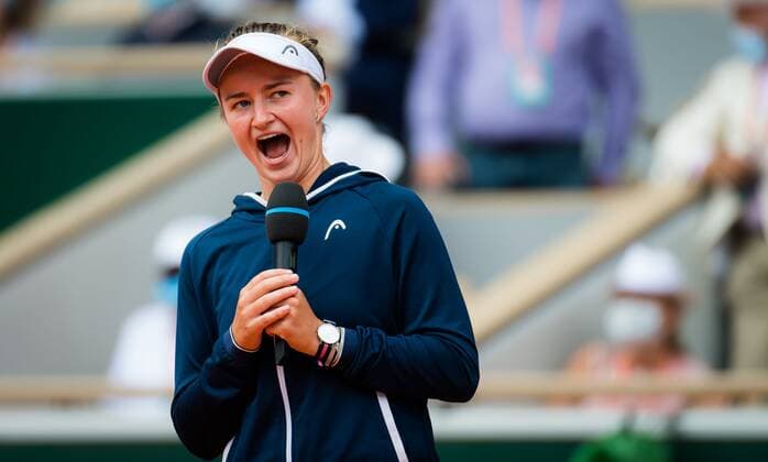 Mandatory Credit: Photo by Rob Prange Shutterstock (12058203aw) Barbora Krejcikova of the Czech Republic during the trophy ceremony after winning the final of the 2021 Roland Garros Grand Slam Tournament French Open Tennis, Day Fifteen, Roland Garros, Paris, France - 12 Jun 2021 French Open Tennis, Day Fifteen, Roland Garros, Paris, France - 12 Jun 2021  Copyright: xRobxPrange Shutterstockx 12058203aw