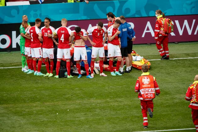 Christian Eriksen, 10 DEN helped by medial people during the UEFA EURO, EM, Europameisterschaft,Fussball 2020 Championship Group B match between Denmark and Finland on June 12, 2021 in Copenhagen, Denmark. (Tomi Hänninen Newspix24)  Copyright: xTomixHänninenx np24thth1246368108