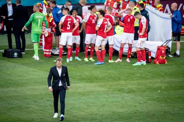 Denmarks national coach Kasper Hjulmand after watching Denmarks Christian Eriksen during the match between Denmark and Finland in group B during EURO2020 in the Park in Copenhagen, Saturday 12 June 2021, Copenhagen Denmark  Copyright: RitzauxScanpix MadsxClausxRasmussenx cop101 spdk20210612-202024-L
