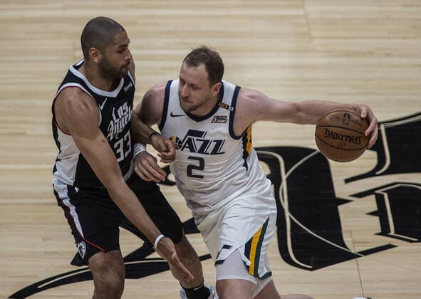June 12, 2021, Los Angeles, California, USA: Nicolas Batum 33 of the Los Angeles Clippers defends against Joe Ingles 2 of the Utah Jazz during Round 2, Game 3 of the 2021 NBA, Basketball Herren, USA Playoffs on Saturday June 12, 2021 at the Staples Center in Los Angeles, California. PI Los Angeles USA - ZUMAp124 20210612_zaa_p124_003 Copyright: xJAVIERxROJASx