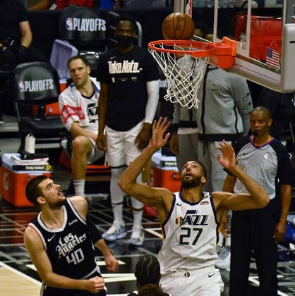 Utah Jazz center Rudy Gobert (27) and Los Angeles Clippers center Ivica Zubac (40) wait for the rebound during the second half of Game 3 of the Western Conference second-round playoffs at Staples Center in Los Angeles on Saturday, June 12, 2021. The Clippers rallied to win another game 3, a 132-106 win over the Utah Jazz that cuts their deficit in this second-round series to 2-1 entering Monday s fourth game.  LAP2021061214 JIMxRUYMEN