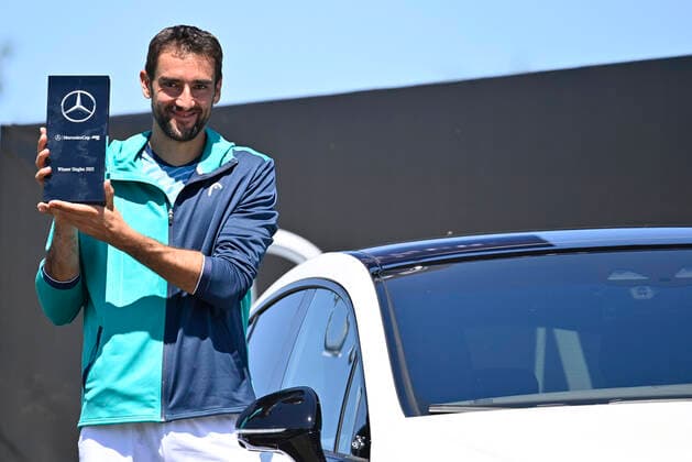 Marin Cilic CRO Award ceremony with trophy and Mercedes EQS 13 06 2021 Final Tennis MercedesCup Stuttgart 2021 Weißenhof ATP 07 13 06 2021 Tennis MercedesCup Stuttgart 2021