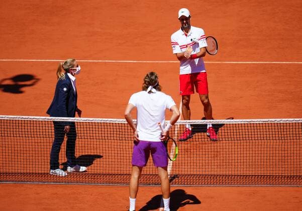 Mandatory Credit: Photo by Javier Garcia BPI Shutterstock (12058233g) Stefanos Tsitsipas and Novak Djokovic ahead of the Men s Singles final French Open Tennis, Day Fifteen, Roland Garros, Paris, France - 13 Jun 2021 French Open Tennis, Day Fifteen, Roland Garros, Paris, France - 13 Jun 2021  Copyright: xJavierxGarcia BPI Shutterstockx 12058233g