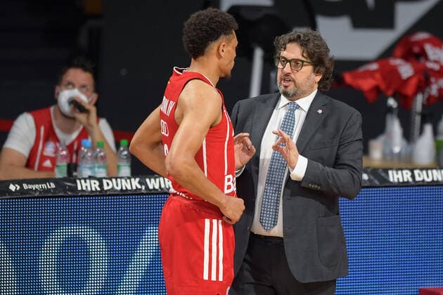 Basketball, BBL, 20210613, FC Bayern Munich Alba Berlin In the picture Wade BALDWIN FC Bayern Munich, 2 and Head Coach of FC Bayern Munich Andrea TRINCHIERI Munich Audi Dome Bayern Germany Copyright: Passion2Press MarkusxFischerx